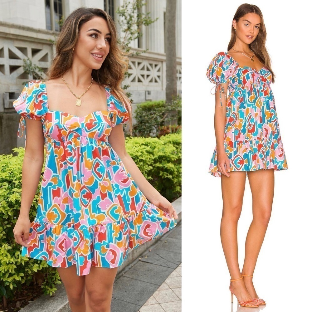 AMANDA UPRICHARD 90s Abstract Graphic Print Puff Short Sleeve Babydoll Dress L‎ - Picture 2 of 16